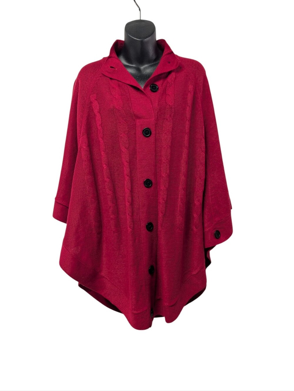 Angee Red Cable Knit Button Front Poncho Cape Sweater One Size Acrylic